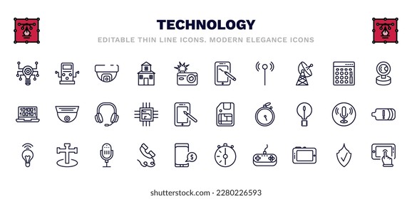 set of technology thin line icons. technology outline icons such as technology, surveillance camera, drawing tablet, front webcam, big headphones, big floppy disk, wireless lighting, phone with