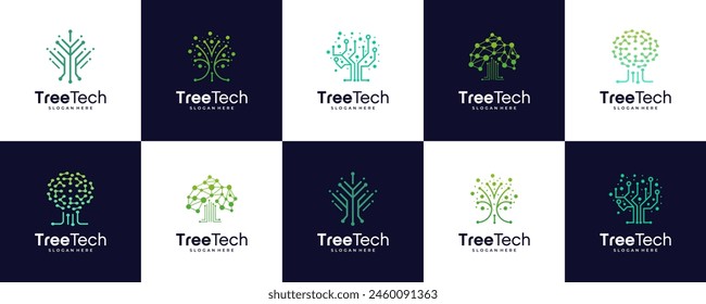 set of technology tree electrical circuit digital logo vector icon illustration