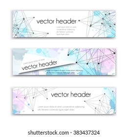 Set Of Technology  Vector Banners Template Or Website Headers With Abstract Line And Dots Background. Vector Design Illustration EPS10. Watercolor  Background. Vector Header Set.