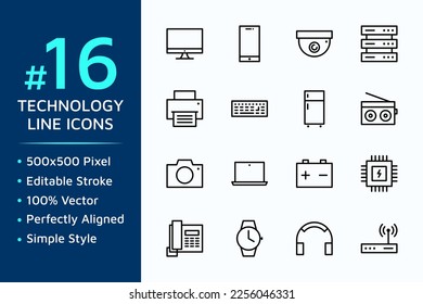 Set of technology vector icons in line style design for website, app, ui, isolated on background. Editable stroke. EPS 10 vector illustration.