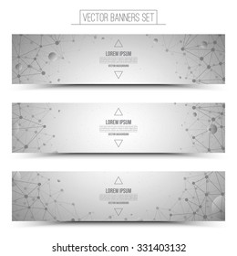 Set of technology vector light gray web banners. Internet advertising business. Connection structure. Technology background. Design vector elements. Media advertising business. Science background