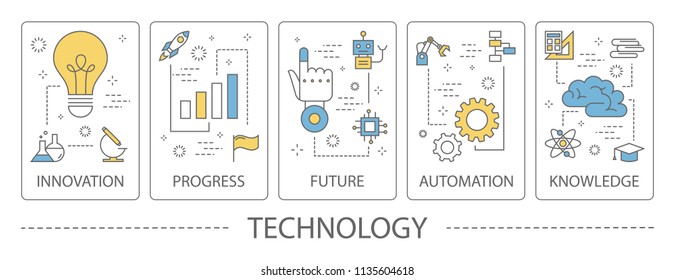 Set of technology vertical banners. Innovation and progress, automation, future and knowledge. Isolated line vector illustration