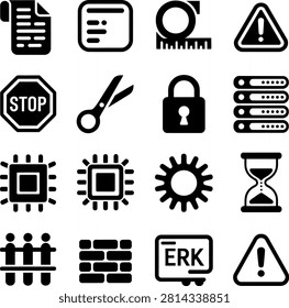 Set of technology and warning icons featuring documents security computers and alerts for digital projects