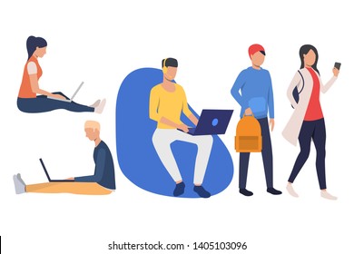 Set of technology-addicted students. Group of young students working on laptops or smartphone. Vector illustration can be used for presentation, educational project, advertisement