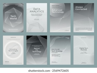 Set of tech-themed posters with abstract designs. Keywords: tech, data, advanced, connected. Monochrome color scheme, geometric patterns, modern style. Advanced technology gray template vector set.