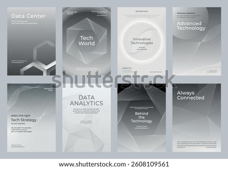 Set of tech-themed posters with geometric designs. Features phrases like 'Data Center', 'Tech World', 'Innovative Technologies'. Modern, sleek, and advanced. Advanced technology gray template vector.