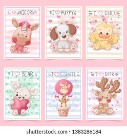 Set teddy animals. Idea for greeting card. Vector eps 10