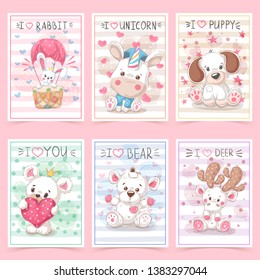 Set teddy animals. Idea for greeting card. Vector eps 10