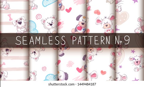 Set teddy animals - seamless pattern. Hand draw