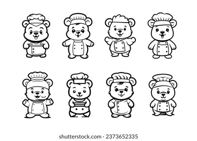 set of teddy bear chef black and white logo vector