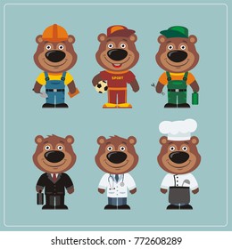 Set of teddy bear in different costumes: builder, sportsman, worker, doctor, manager, cook in cartoon style.