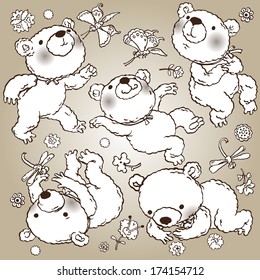 Set of teddy bear in different pose for love background, birthday, valentine, wedding decoration. Vector illustration can be used fro children books and more. VECTOR. Isolated.