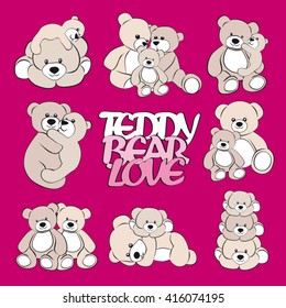 Set of teddy bear in different pose.  pink background. Vector illustration