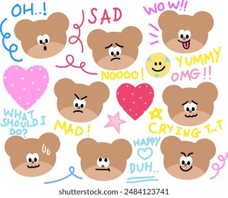 Set of teddy bear emotion including sad, mad, happy, crying, confused, surprised for cartoon, character, comic, cute patches, plush toy, doll, animal sticker, zoo, expression, emoticon, card print, ad