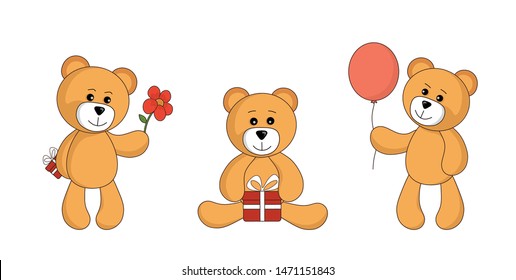 set of teddy bear with gift. cute greeting bears in simple style. vector isolated image for children