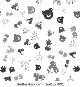 Set Teddy bear plush toy, Toy car, Baby hands print and Baby crib hanging toys on seamless pattern. Vector