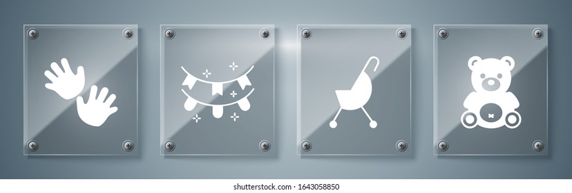 Set Teddy bear plush toy, Baby stroller, Carnival garland with flags and Baby hands print. Square glass panels. Vector