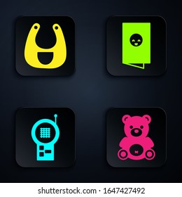 Set Teddy bear plush toy, Baby bib, Baby Monitor Walkie Talkie and Baby shower invitations card, poster. Black square button. Vector