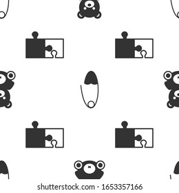 Set Teddy bear plush toy, Classic steel safety pin and Piece of puzzle on seamless pattern. Vector