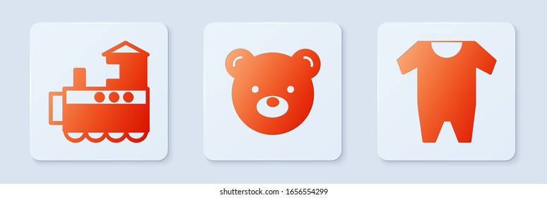 Set Teddy de juguete de peluche, tren de juguetes y ropa de bebé. Botón cuadrado blanco. Vector