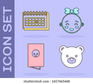 Set Teddy bear plush toy, Calendar, Baby shower invitations card, poster and Happy little girl head icon. Vector