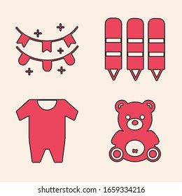 Set Teddy bear plush toy, Carnival garland with flags, Wax crayons for drawing and Baby clothes icon. Vector