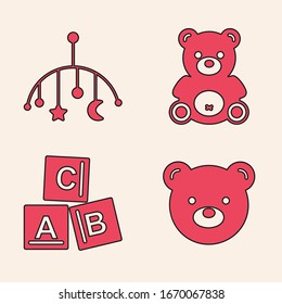 Juego de juguetes de peluche de oso Teddy, cuna de bebé colgando juguetes, juguete de peluche de oso Teddy y icono de bloques ABC. Vector