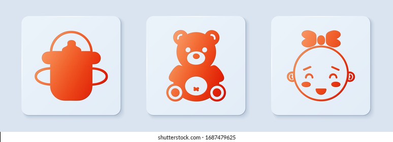 Ponga juguete de peluche de oso Teddy, botella de bebé y cabeza de niña feliz. Botón cuadrado blanco. Vector