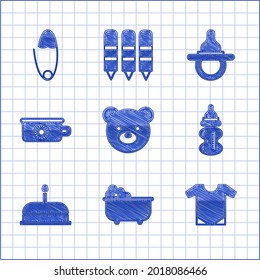 Set Teddy bear plush toy, Baby bathtub, onesie, bottle, Cake with burning candles, potty, dummy pacifier and Classic steel safety pin icon. Vector