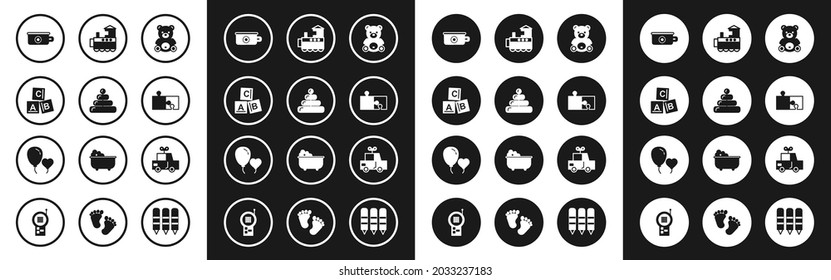 Set Teddy bear plush toy, Pyramid, ABC blocks, Baby potty, Piece of puzzle, Toy train, car and Balloons form heart icon. Vector