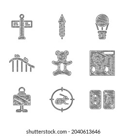 Set Teddy con juguete de peluche, Hunt on rabbit con cruces, tarjetas Tarot, mapa del parque de atracciones, mesa de bola mágica, montaña rusa, globo aerostático y icono de señalización de tráfico por carretera. Vector