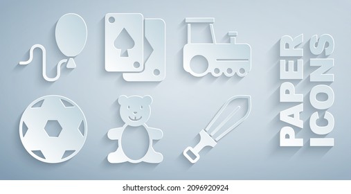 Set Teddy bear plush toy, Toy train, Soccer football ball, Sword, Playing cards and Balloons icon. Vector
