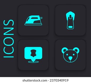 Set Teddy bear plush toy, Electric iron, Zipper and Leather icon. Black square button. Vector