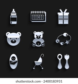 Set Teddy bear plush toy, Baby stroller, cutlery with fork and spoon, Rattle baby, Newborn infant swaddled, Gift box and bottle icon. Vector