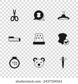 Set Teddy bear plush toy, Leather, Needle for sewing with thread, Thimble, Hanger wardrobe, Scissors,  and Tape measure icon. Vector