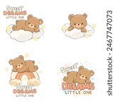 Set Teddy Bear sleeping on cloud, vector illustration, Hand Drawn Cute Print for baby, shirt kids print design for pajamas