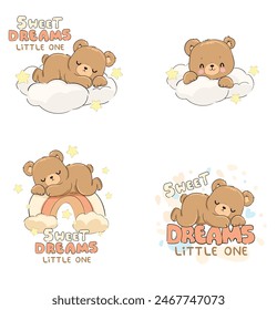 Set Teddy Bear sleeping on cloud, vector illustration, Hand Drawn Cute Print for baby, shirt kids print design for pajamas