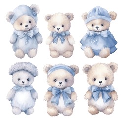 Set Of Teddy Bears And Blue Cloths, Blue Ribbon, Blue Hat