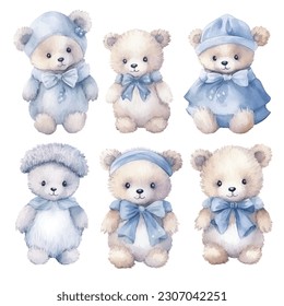 set of teddy bears and blue cloths, blue ribbon, blue hat