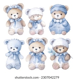 set of teddy bears and blue cloths, blue ribbon