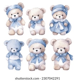 set of teddy bears and blue cloths