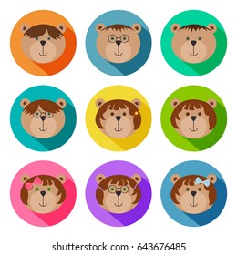 Set of teddy bears classmates flat icons. Drop shadow effect. Colorful avatar set of funny girls and boys. Vector illustration for stickers. Brown bear cubs with glasses, ribbons, pins and spectacles