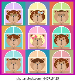 Set of teddy bears classmates looking out of the window. Flat icons. Colorful avatar set, funny girls and boys. Vector illustration for stickers. Brown bear cubs with glasses spectacles, ribbons, pins