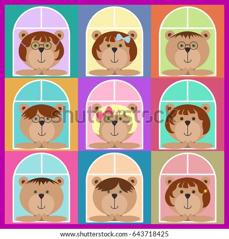 Set of teddy bears classmates looking out of the window. Flat icons. Colorful avatar set, funny girls and boys. Vector illustration for stickers. Brown bear cubs with glasses spectacles, ribbons, pins