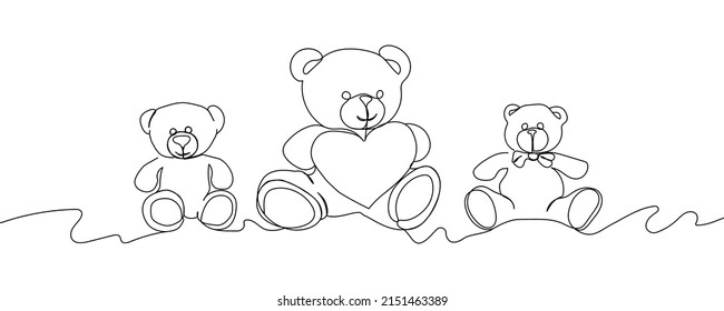 Set of teddy bears continuous line drawing. One line art of February 14, Valentine s day, birthday, love, heart, toy, gift, relationship, romance, relationship.