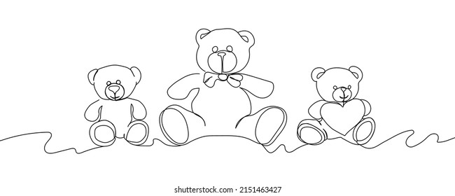 El conjunto de ojivas de peluche lleva un dibujo continuo en línea. Una línea de arte del 14 de febrero, día de San Valentín, cumpleaños, amor, corazón, juguete, regalo, relación, romance, niños, relación.