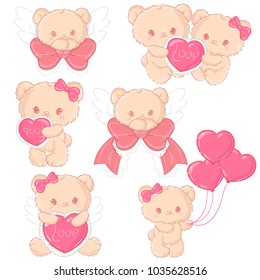 Set of teddy bears for creating postcards on Valentine's day.