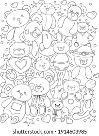 Set of teddy bears in doodle style. Vector coloring page.