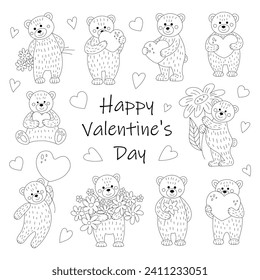 Set of teddy bears with flowers and hearts. Line drawing. Doodles for Valentine's Day. Vector illustration.