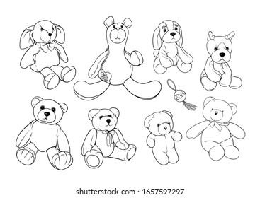 Set of Teddy bears, hare and dogs stuffed hand maade toys. Colored vector illustration. Isolated on white background.